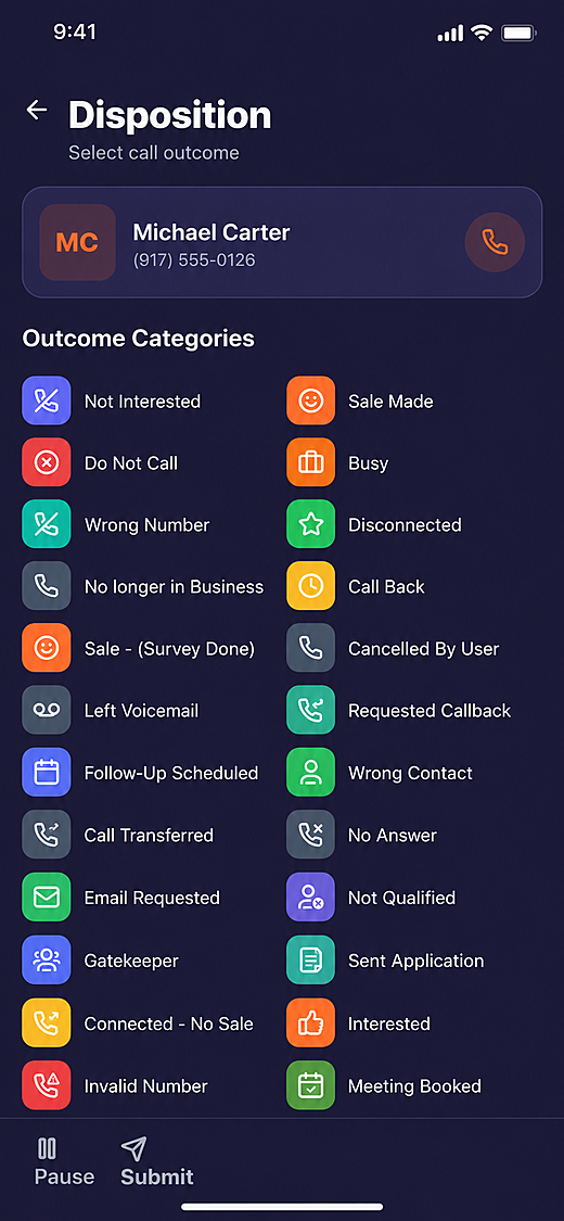 CRMLink mobile calling interface with disposition