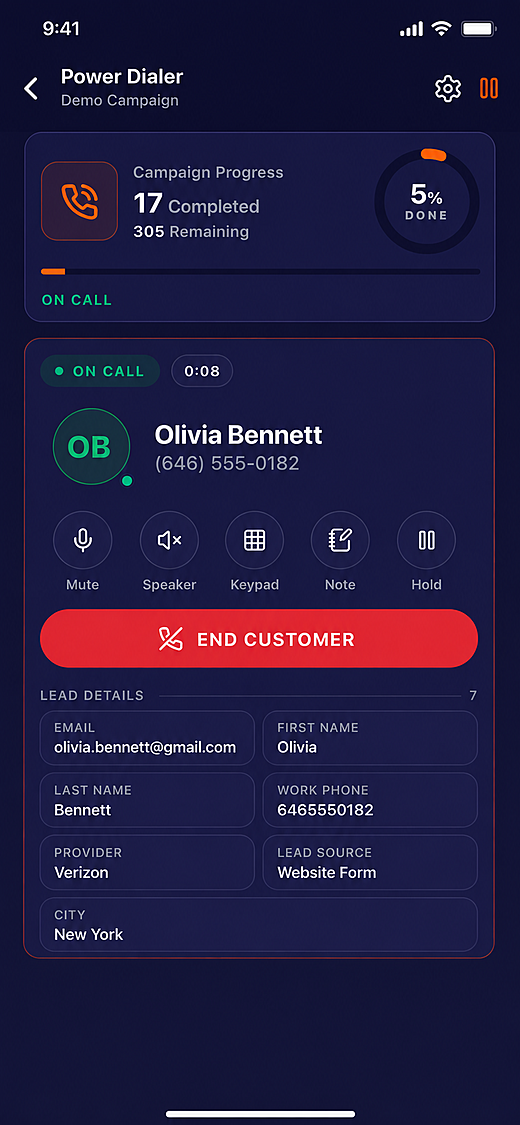 CRMLink field sales power dialer view